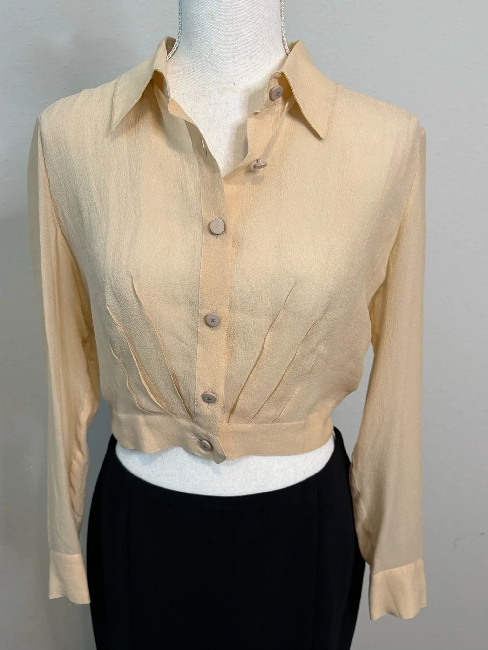 Classic CHANEL 2001A Nude Beige  Silk Sheer Cropped Shirt CC Logo Buttons FR 40